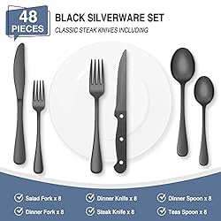 48-Piece Black Silverware Set with Steak