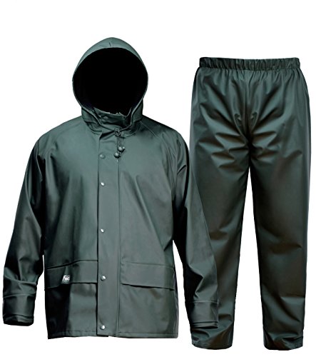 Navis Marine FWG Men's Rain Suit Commercial Fishing Foul Weather Gear Heavy Duty Workwear Waterproof Jacket with Pants Consealed Hood 3 Pieces Breathable Vented Back .Dark Green (L)