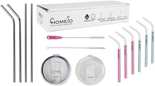 Tumbler Lids and Travel Mug Accessories for Yeti (14-Piece Set) – 2 Precision Fit Lids, 6 Reusable Silicone Straws, 2 Stainless Steel Straws, 2 Straw Brushes – 30 oz. Beverage Kit