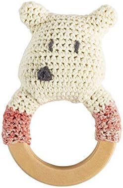 Sebra Crochet Rattle with Grab Ring Made from Wood “Polar Bear” Handmade in White (from Birth)