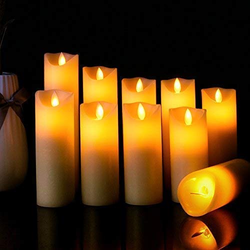 Flameless Candles LED Candles Flickering Battery Operated Flickering Light Pillar Real Smooth Wax with Timer and 10-key Remote for Wedding(Set of 9)