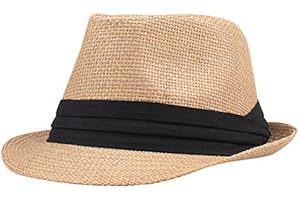 Fashion Unisex Straw Hat Fedora Jazz Trilby Contrast Ribbon Pinched Crown Curved Brim Solid Stylish Sun Cap for Men Women Kha