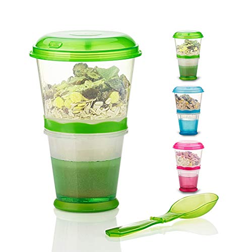 Cereal On the Go Cups Travel-To-Go-Food-Containers Storage with Spoon Breakfast Drink-Cups-Portable (Green)