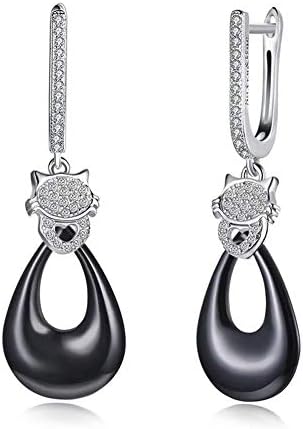 Women's Pendant Earrings, Personalized Fashion S925 Sterling Silver Ceramic Cute Cat Inlay Zircon Dropping Earrings