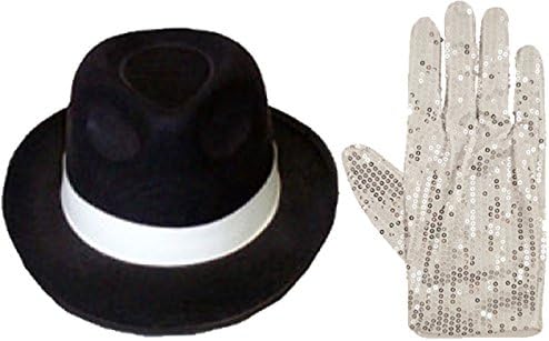 MICHAEL JACKSON SPARKLE THRILLER STYLE SEQUIN GLOVE BLACK HAT FANCY DRESS COSTUME (Hat &amp; Gloves Set)