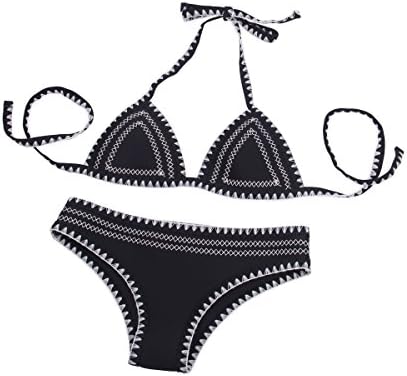 CINDYSMILE Women's Halter Neoprene Bikini Set Knitted Bathing Suit (Black, M)