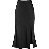 Women's Sexy Satin Side Split Thigh High Waisted Casual A Line Midi Skirt Deep Black