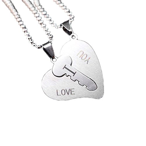 Matching Necklace 1 Pairs,Haluoo Stainless Steel I Love You Heart Pendant Necklace Creative Lock Key Heart Shaped Matching Necklace for Couples Birthday (Silver)
