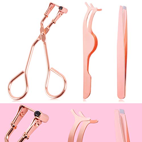 Eyelash Makeup Tools Set, Include 4 Pieces Eyelash Curler, Mini Eyelash Curler, False Eyelashes Extension Tweezers and 40 Pieces Black Silicone Refill Pads with Clear OPP, Rose Gold