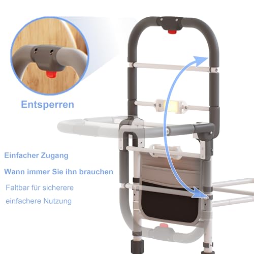 SANEWE Sponda Letto Anziani,Sponde per letto Anziani con borsa Supporto Regolabile in Altezza Pieghevole,Maniglia Antiscivolo,Luce con Sensore di Movimento,Adatto a Qualsiasi letto,Portata 160 kg