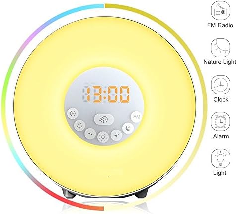 Wake Up Light Alarm Clock - Sunrise Simulator With 7 Color Light, Nature Sounds or FM Radio Alarm - Touch Control - Include USB Charger - For Heavy Sleepers &amp; Kids