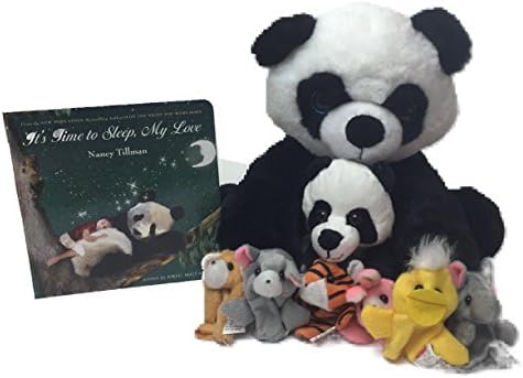 Robins Toys Panda Party stuffed 10" Panda and 6" Baby Panda &amp; animal finger puppets with book It's Time to Sleep, My Love Gift Set Bundle