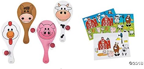 24 FUN Farm Animal Party Favors ~ 1 Dozen(12) Wooden Farm Animal Paddleball Games & 12"Make a Farm" Sticker Sheets ~ Giveaways, Goody Bags, Classroom Student Rewards