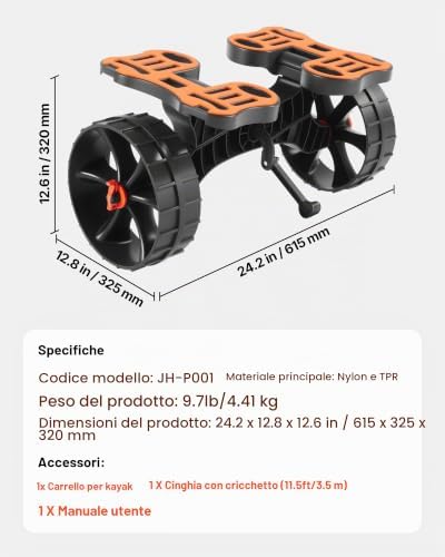Carrello per Kayak, Carico di 136,1 kg, Carrello per Trasporto Tavole da Surf con Pneumatici in Gomma 25,4 cm e 1 Cinghia a Cricchetto, per Trasporto di Canoe, Paddleboard, Materassini
