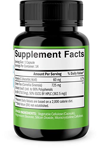 Green Tea Extract Supplement with EGCG & Vitamin C - Antioxidants & Polyphenols for Immune System - for Weight Support & Energy - Natural Pills for Brain & Heart Health - 14 Count