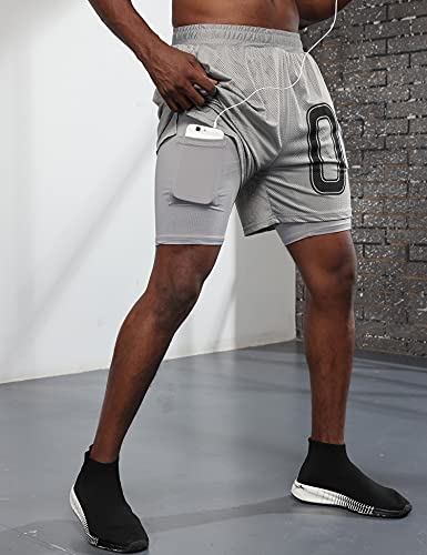 iWoo Men\'s 2 in 1 Workout Running Shorts Quick Dry Compression Shorts with Pockets Grey