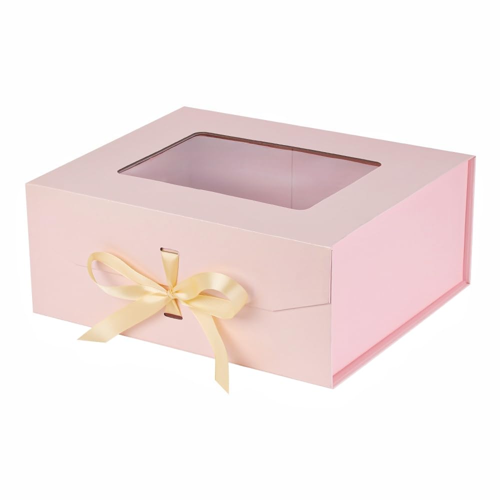 Photo 1 of PLINJOY Pink Large Gift Box for Presents with Ribbon 13.2x11x5.3 Inches Clear Gift Box with Window Magnetic Closure Gift Boxes with Lids