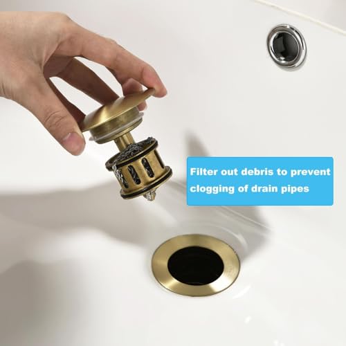 ONECE Universal Gold Drain Set Bathroom Sink Brass | Waste Plug with Overflow Suitable Pop-Up Valve with Filter for Bidet, Bathtub