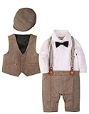 ZOEREA Baby Boy Outfits Set, 3pcs Long Sleeves Gentleman Jumpsuit & Vest Coat & Berets Hat with Bow Tie (Label 90/Age 15-20 Months, Brown)