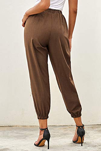 NEWFANGLE Women\'s Linen Casual Pants Drawstring Elastic Waist with Pockets Solid Comfy Loose Fit Trousers,Brown,XXL