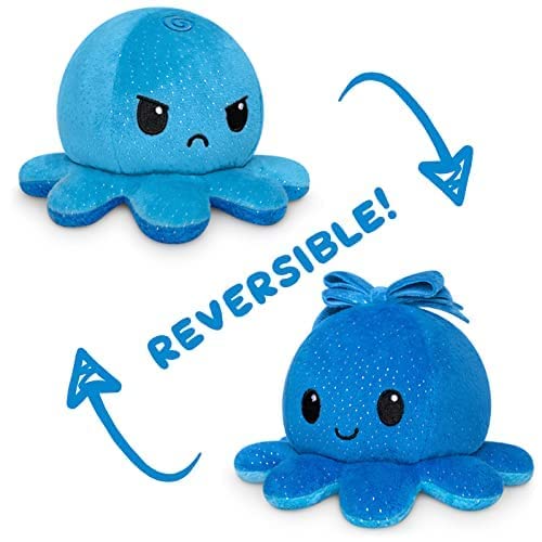 TeeTurtle - The Original Reversible Octopus Plushie - Blue Sparkle + Bow - Cute Sensory Fidget Stuffed Animals That Show Your Mood 4 inch