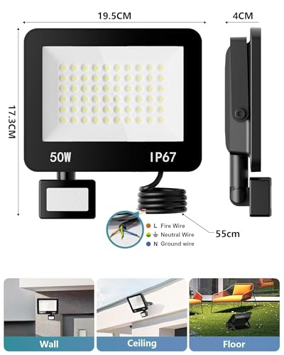 HAPYLUMI Focos LED Exterior con Sensor de Movimiento - 50W 5000LM Proyector LED Exterior 6500K Bianco Frío, Floodlight Iluminación IP67 para Casa, Garaje, Patio, Camino, Jardín