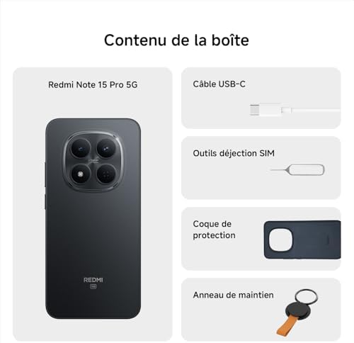 REDMI Note 15 Pro 5G Smartphone 8＋256 Go Batterie 6580mAh - Noir