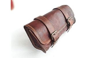 BAGSIFI Motorcycle Genuine Goat Leather 2 Strap Buckle Closure Tool Harley Brown Bag Quick Release Clasp Reinforced for Handlebars,Forks, Sissy Bar Swing arm Motorcycle Tool roll Bag 10"