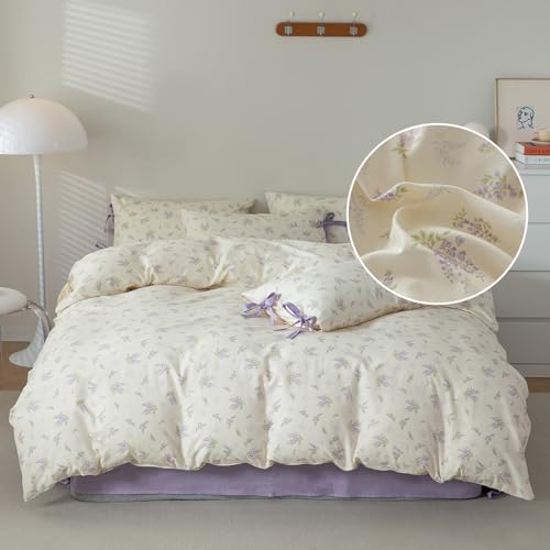 LIFETB Purple Floral Duvet Cover Queen 3 Piece Cotton Flower Botanical Vintage Style Lilac Comforter Girls Cottagecore Bedding Sets 1 with 2 Bow Ties Pillowcases