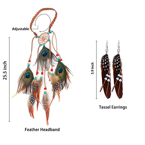 Indian Hippie Boho Peacock Headband Feather Earrings Dreamcatcher Headdress & Bohemian Earrings Fascianator for Women Girls Bridal Festival Masquerades Vocation Theme Party - Thumbnail 2