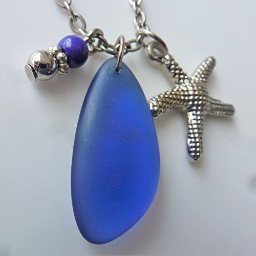 Blue cobalt sea glass necklace ocean talisman on a 24" silver color chain with nautical starfish delicate elegant young beach amulet prime aqua handmade seaglass mermaid rears jewelry mascot