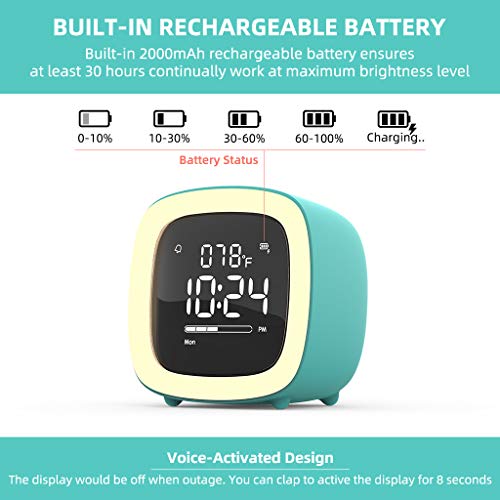 Kids Alarm Clock, Cute-TV Night Light Alarm Clock for Kids, Girls, Children, Bedroom, Rechargeable Battery Operated Alarm Clock with Sleep Timer, Indoor Thermometer - Cyan