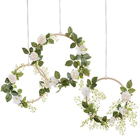 Ling's moment Summer Greenery Wedding Handcrafted Vine Wreaths Set of 3, Christmas Decor Rustic Wedding Backdrop, Artificial Roses Plant Flower Garland, Woodland Wedding Decoration Floral Hoop