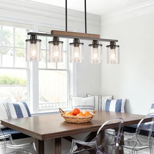 Feohak 5-Light Dining Room Light Fixture,Farmhouse Black Metal and Wood Kitchen Island Light with Glass Shade