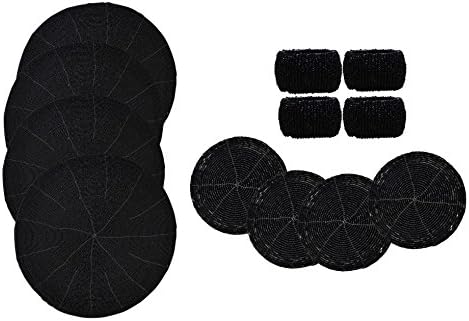 4 Beaded Round Ethnic Placemat/Tablemat(Dia - 12") with 4 Tea Cup Coaster(Dia - 4") and 4 Napkin Ring(Dia -1.5"), Decorative Item, Gifts Purpose, Dining Accessories