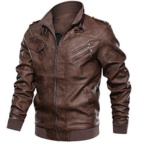 Men Vintage Jacket, NDGDA Male Zipper Stand Collar Solid Imitation Leather Coat Autumn Winter Long Sleeve Solid Color Tops