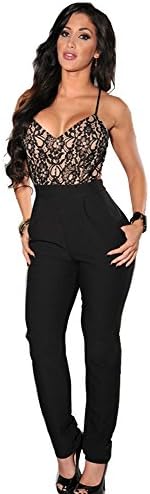 Cfanny Women's Lace Top Cross Straps Backless Party Jumpsuit Large Size Black