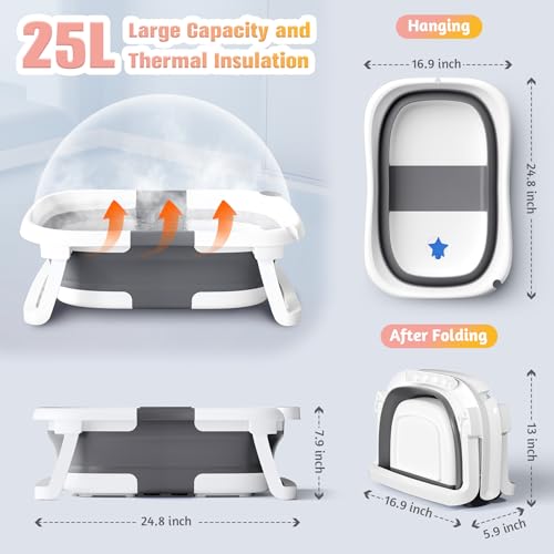 Rabb 1st Baby Bath Tub Foldable,Portable Bath Newborn to Toddler with Non-Slip Mat,Drain Hole,No Thermometer,Grey