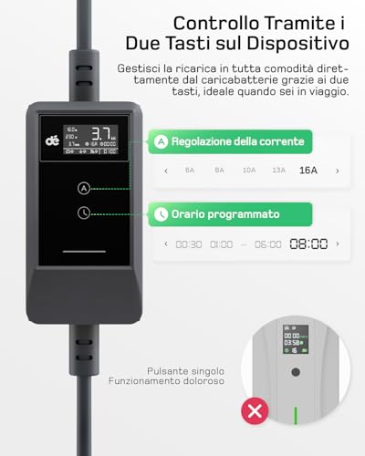 dé 3.7 kW 10 m 6-16 A, Portable Electric Car Charger Type 2 Schuko with LCD, Electric Car Charging Cable, Charging Column for Model 3/Y, 500e, e-208, Other EV/PHEV
