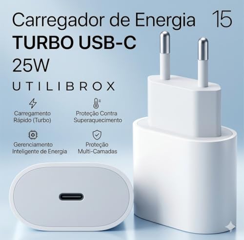 Carregador Turbo 25w Linha Premium Com Entrada Tipo C, Hight Quality, Branco com Cabo Reforçado Compativel com todos Smartphones C/C - Fonte Anti Curto, Homologado UTBRX