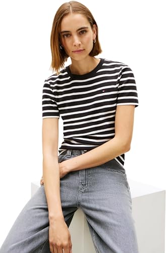 Slim Cody C-Nk SS Ww0Ww40587, Maglietta a Maniche Corte, Donna, Nero (Black/Ecru STP), XL