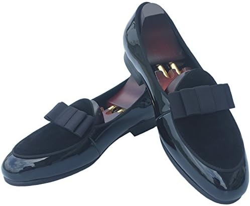 Justyourstyle Men's Leather Loafers Formal Dress Shoes Banquet with Bowtie Flats Slip-On Smoking Slippers Black Brown
