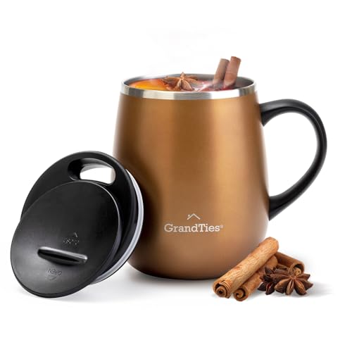 Grandties Isolierter Kaffeebecher mit Griff – Schiebedeckel für spritzwassergeschützte 460 ml-Form Thermosbecher mit doppelwandigem Vakuum-Edelstahl, hält Getränke heiß & kalt – Cognac Metallic