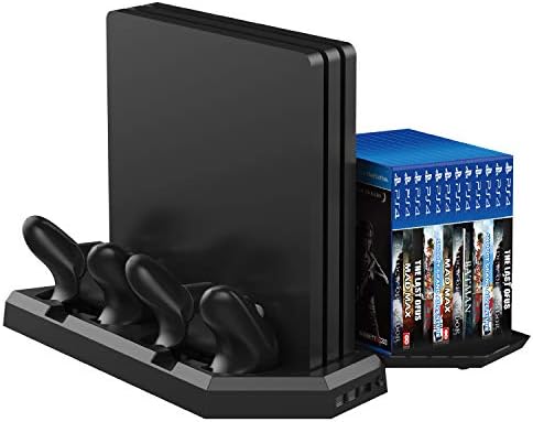 MOCREO Vertical Stand with Cooling Fan for PS4 / PS4 Pro, Dual Controller Charger Station with 12 Game Storage and Dualshock Charger with 3 Extra USB HUB Port