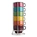 Fall Rainbow Stacking Ceramic Coffee Mugs Set & Chrome Rack - 6 Piece.