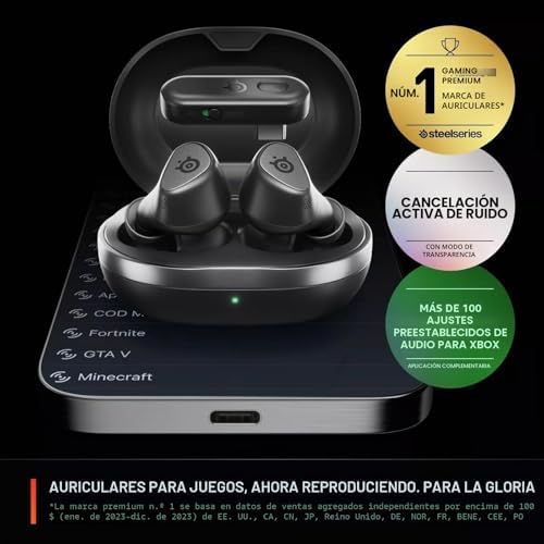 Arctis GameBuds™ para Xbox - Auriculares inalámbricos para Juegos - 2,4 GHz + BT5.3 - Modo ANC/Transparencia - Resistencia al Agua IP55-40 Horas de autonomía - Carga inalámbrica - Xbox,