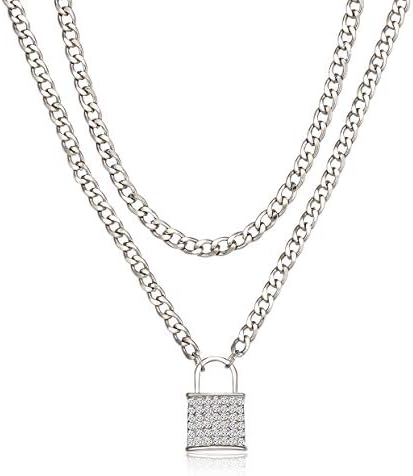 HEIDKRUEGER Lock Necklace Crystal Padlock Pendant Curb Chain Necklace Simple Y Necklace Multilayer Chain Choker Collar Punk Necklace Fashion Jewelry for Women Men Unisex