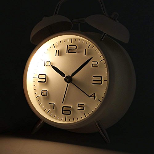 Betus Non-Ticking 4" Twin Bell Alarm Clock - Metal Frame 3D Dial with Backlight Function - Desk Table Clock for Home & Office - Milk White