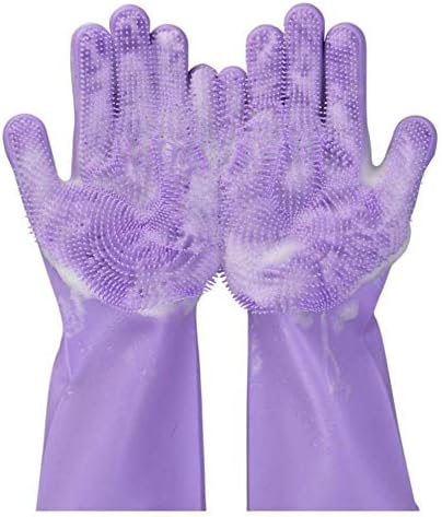 Misaki Magic Silicone Scrubbing Hand Gloves Scrubber for Dishwashing and Pet Grooming, Latex Free Voilet