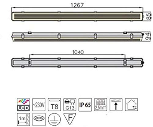 PureLed SET LED Feuchtraumleuchte Wannenleuchte IP65 mit 1X T8 LED 18W 3000K warmweiß G13 120cm Bürolampe – Bild 4